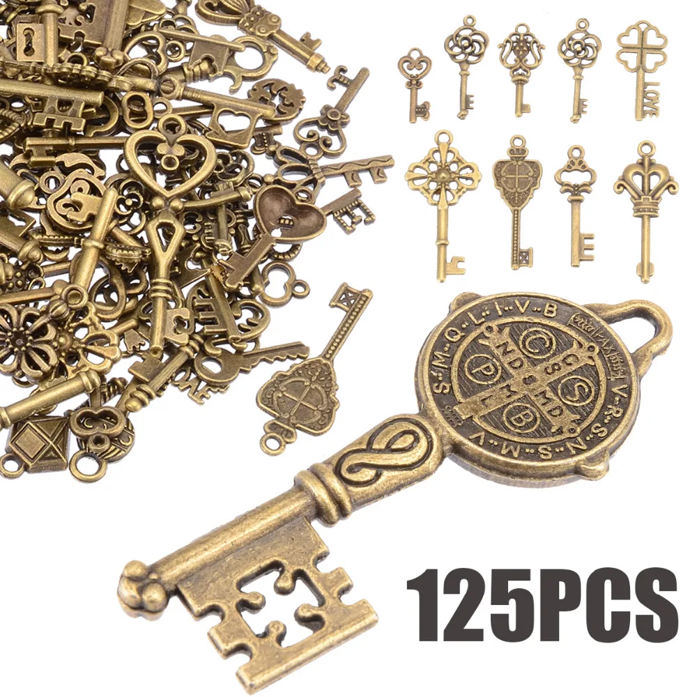 

125pcs/set Creative Vintage Antique Bronze Skeleton Keys Fancy Heart Bow Pendant Necklace Hanging Decor Old Look DIY Craft Retro