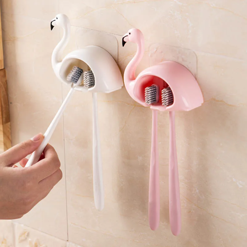 

Toothbrush Holder Sucker Flamingo Shaped Bathroom Accessories 2 Position 1Pcs Cute Wall Mount Toothbrush Rack Organizer