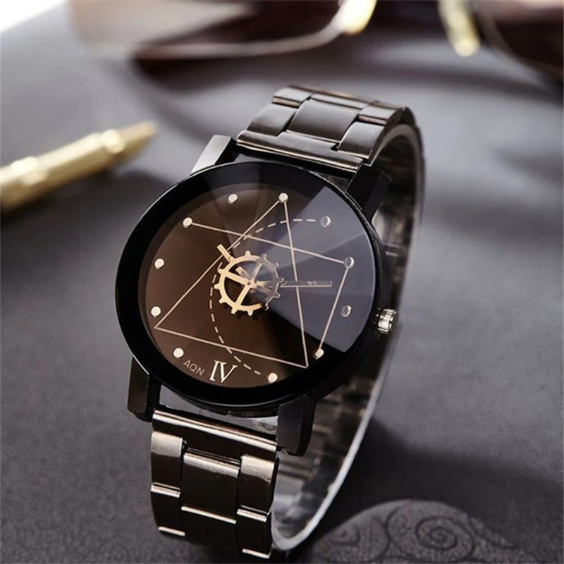 

New Couple Watches Men Gear Triangle Pointer Compass Dial Second Hand Watch Women Stainless Steel Watches Relogio Feminino Clock
