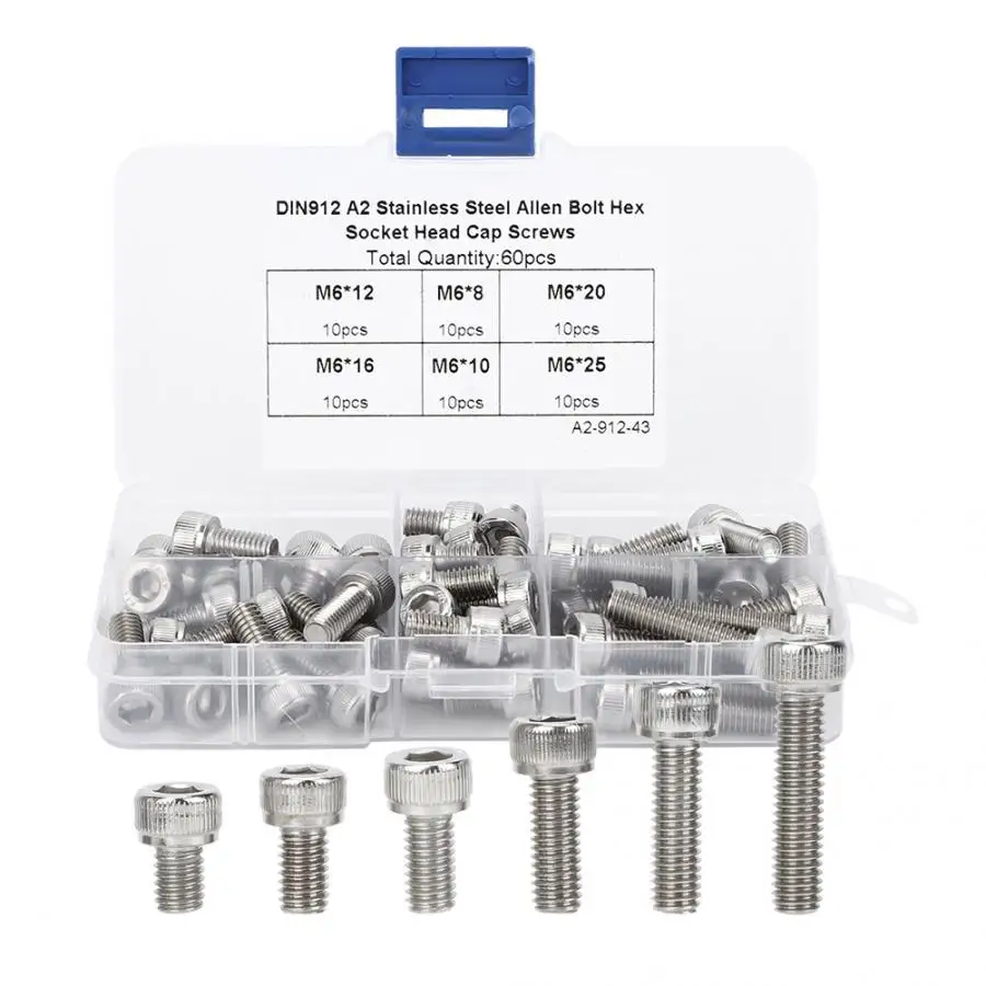 60Pcs M6 Stainless Steel Screws Cap Hex Socket Screw Set Assortment Kit Electronics Industry Hardware Tools Fasteners
60Pcs M6 Stainless Steel Screws Cap Hex Socket Screw Set Assortment Kit Electronics Industry Hardware Tools Fasteners