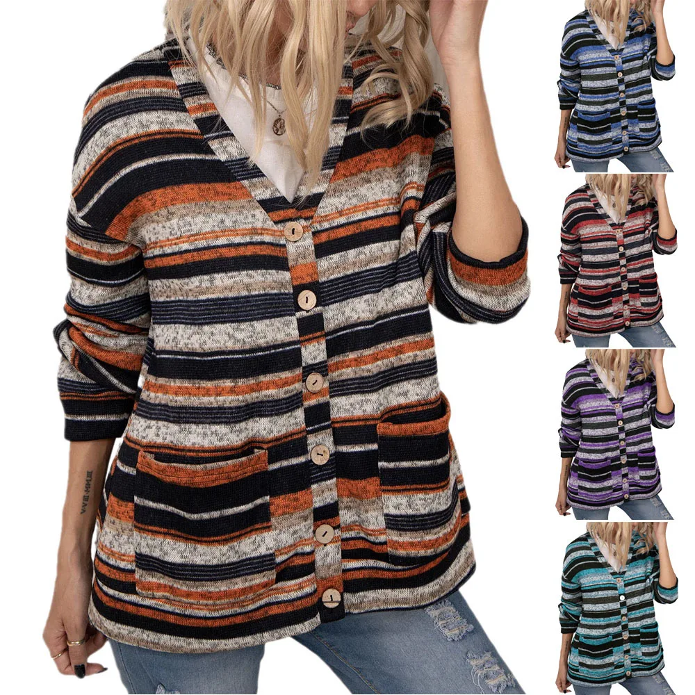 2021 Ladies Vintage Cardigan Women Long Sleeve V-Neck Sweater Striped Knitted Sweatershirt Casual Loose Top with Pockets
2021 Ladies Vintage Cardigan Women Long Sleeve V-Neck Sweater Striped Knitted Sweatershirt Casual Loose Top with Pockets