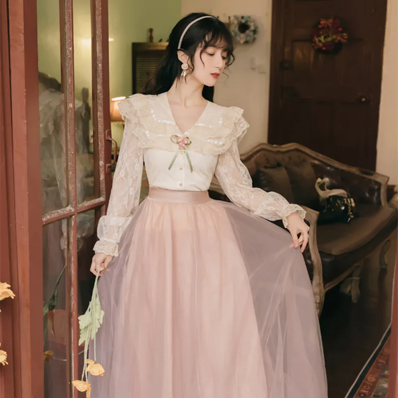 2 Piece Set Women Outfits Sweet Elegant Skirt Suit Flare Sleeve Cute Doll Collar Lace Shirt Top and Fairy High Waist Mesh Skirt
2 Piece Set Women Outfits Sweet Elegant Skirt Suit Flare Sleeve Cute Doll Collar Lace Shirt Top and Fairy High Waist Mesh Skirt