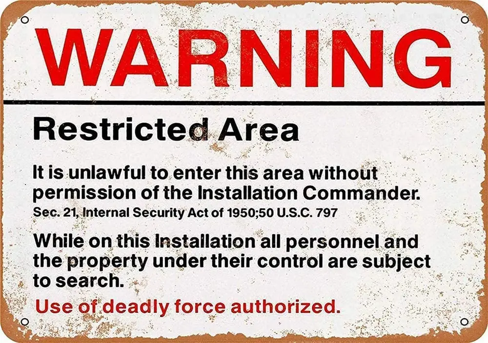 Restricted Military Area 51 Unique Style Tin Sign Vintage Look Metal Plate Poster Plaque for Kitchen Office Bar Cafe Decoration
Restricted Military Area 51 Unique Style Tin Sign Vintage Look Metal Plate Poster Plaque for Kitchen Office Bar Cafe Decoration