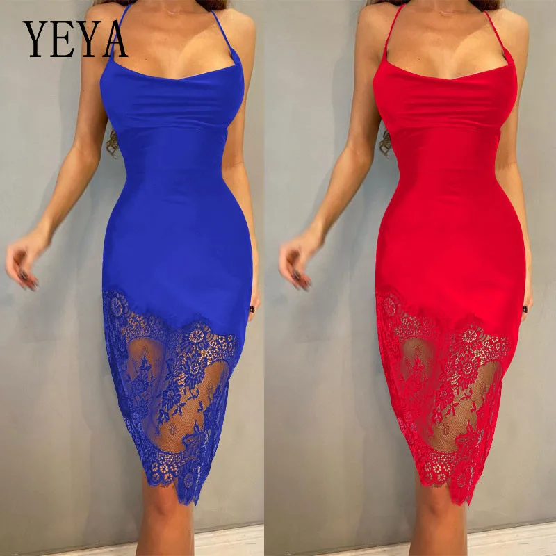 

KEXU Elegant Party Chic Bodycon Sleeveless Spaghetti Strap Off Shoulder Patchwork Lace Hollow Out Cross Backless Nightclub Dress