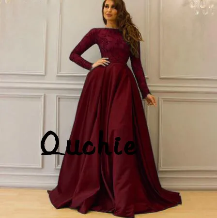 

Burgundy Muslim Satin Evening Dress Long Sleeves Special Occasion robe soiree Islamic Dubai Kaftan Saudi Arabic Prom Gown