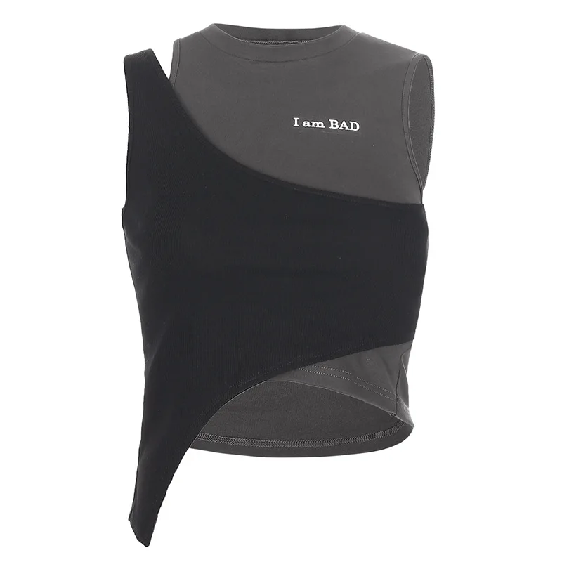 Summer new women's clothing features asymmetrical letter printing fake two-piece splicing sexy slim vest
Summer new women's clothing features asymmetrical letter printing fake two-piece splicing sexy slim vest