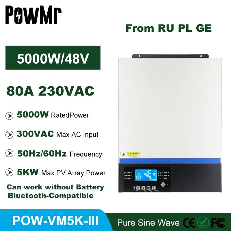 Bluetooth-Compatible 5KW Inversor 230V 48V 80A MPPT Charger Pure Sine Wave 60A Battery Charge 500Vdc PV Input LCD Solar Inverter
Bluetooth-Compatible 5KW Inversor 230V 48V 80A MPPT Charger Pure Sine Wave 60A Battery Charge 500Vdc PV Input LCD Solar Inverter