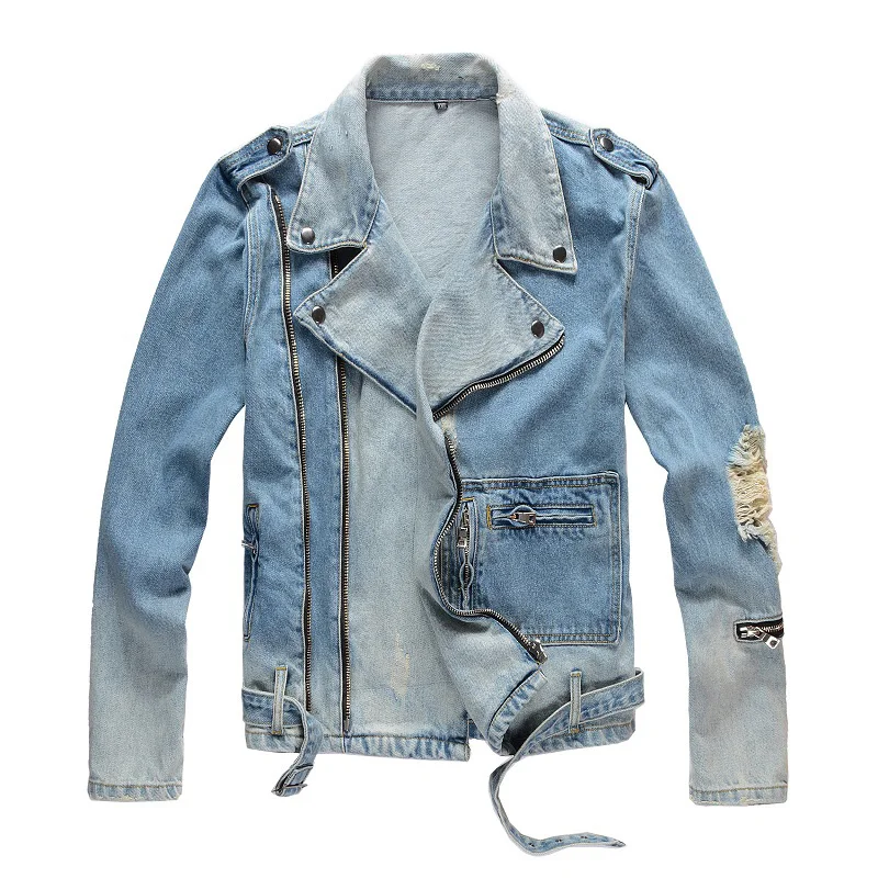 

New Men's male holes ripped blue jean biker jacket for motorcycle Streetwear zippers turn down collar denim coat Outerwear