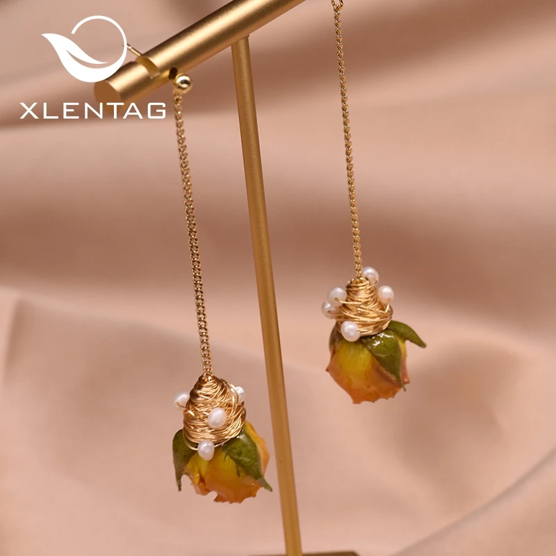 Xlentag настоящие желтые цветочные длинные висячие серьги для женщин пресноводный