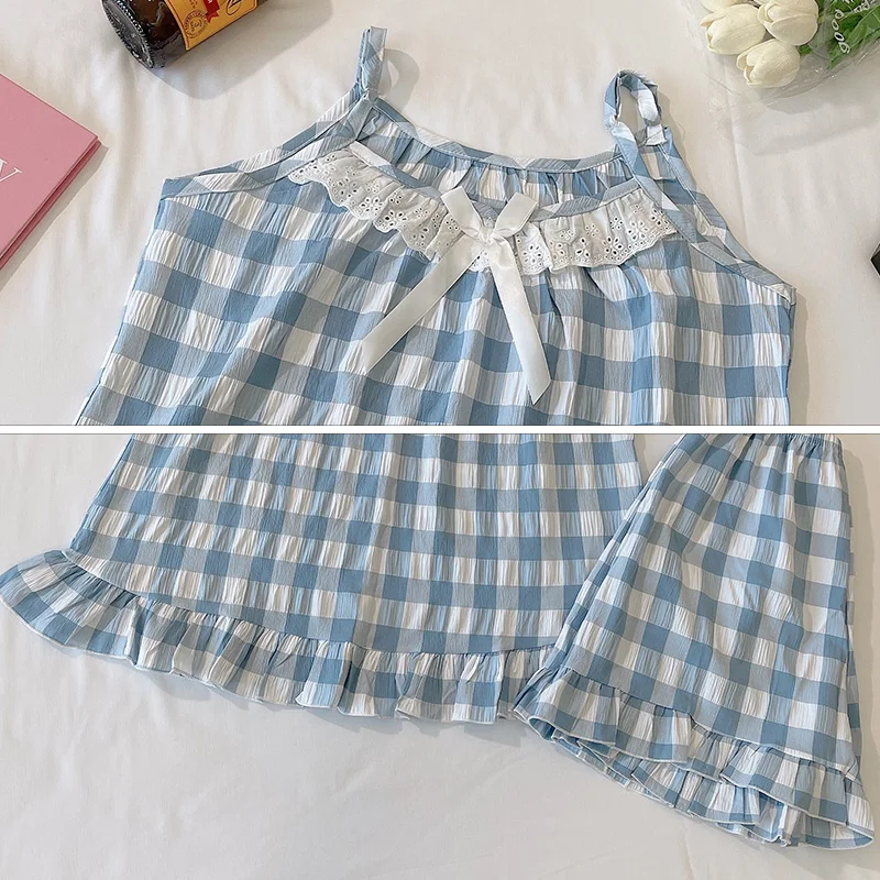 CAIYIER Summer Cotton Sling Girl Pajamas Set Korean Grid Nightwear Sleeveless Top + Shorts Pink Cute Sleepwear Lingerie Pyjama
CAIYIER Summer Cotton Sling Girl Pajamas Set Korean Grid Nightwear Sleeveless Top + Shorts Pink Cute Sleepwear Lingerie Pyjama