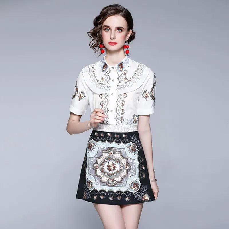 2021 summer Fashion Designer 2 Piece Sets Women Short Sleeve turn down collar print shirt Tops + Printed skirt suit
2021 summer Fashion Designer 2 Piece Sets Women Short Sleeve turn down collar print shirt Tops + Printed skirt suit