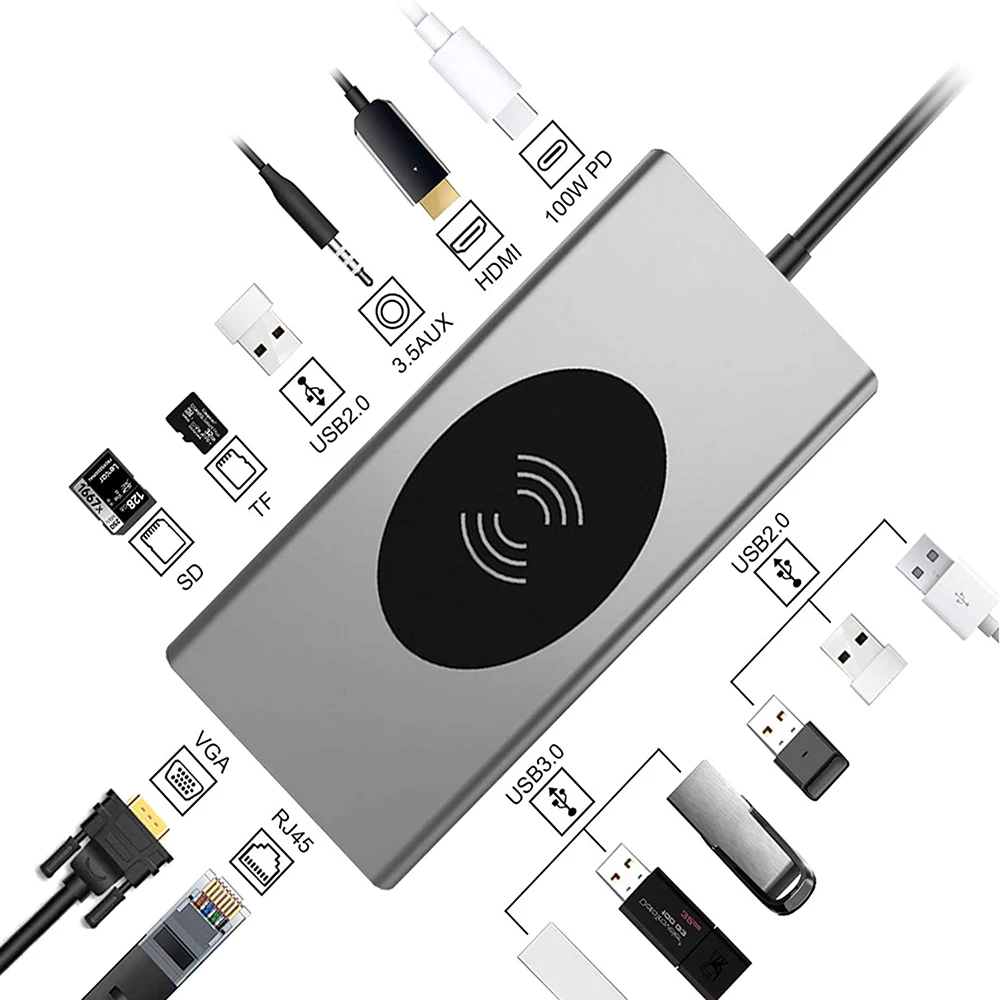 USB-концентратор 15 в 1, USB Type-C, HDMI,USB3.0, VGA, RJ45 
USB-концентратор 15 в 1, USB Type-C, HDMI,USB3.0, VGA, RJ45