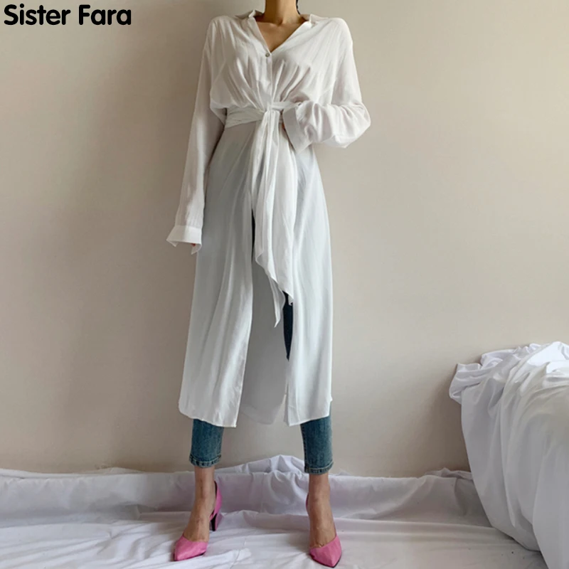 Sister Fara New Asymmetrical Lace Up Shirt Woman's Spring Thin Long Loose Casual Blouse Summer Single Button V-Neck Shirt Skirt
Sister Fara New Asymmetrical Lace Up Shirt Woman's Spring Thin Long Loose Casual Blouse Summer Single Button V-Neck Shirt Skirt