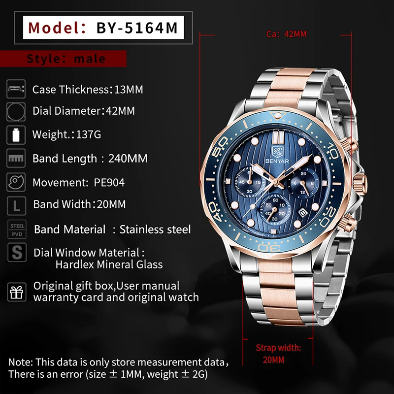 BENYAR Stainless Steel Quartz Men's Watches Top Brand Fashion Wrist Watch Men Waterproof Sports Chronograph Relogio Masculino 
BENYAR Stainless Steel Quartz Men's Watches Top Brand Fashion Wrist Watch Men Waterproof Sports Chronograph Relogio Masculino