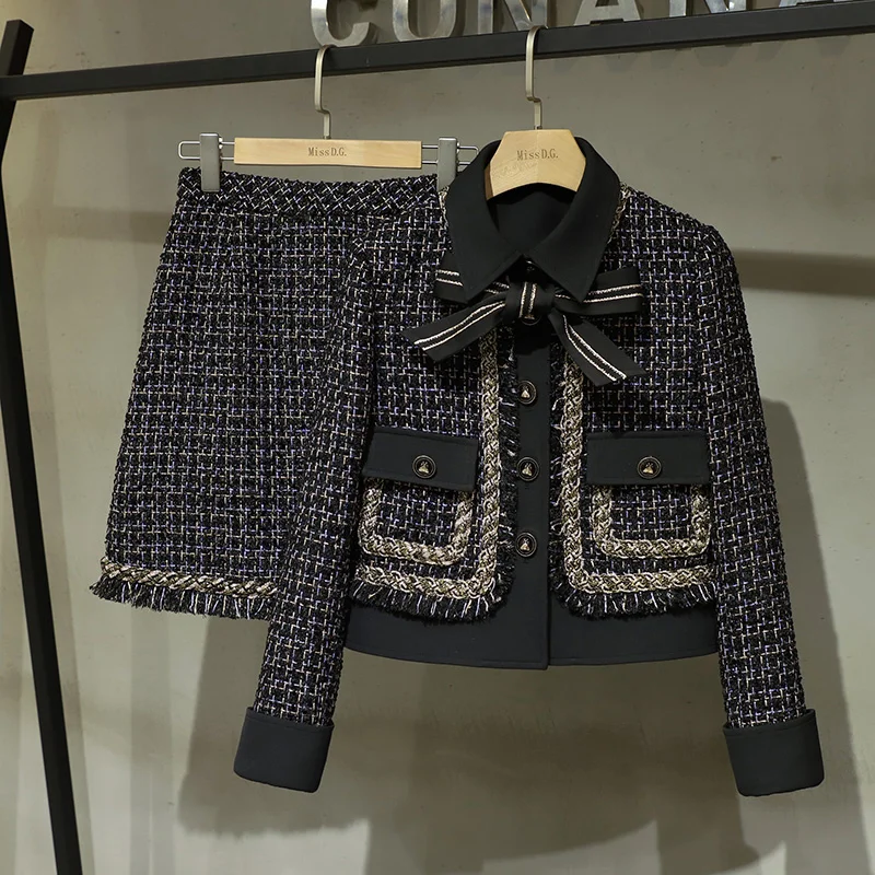 Женский твидовый костюм из двух предметов, роскошный пиджак с блестками и элегантная мини-юбка с высокой талией, костюм для осени и зимы 
Женский твидовый костюм из двух предметов, роскошный пиджак с блестками и элегантная мини-юбка с высокой талией, костюм для осени и зимы