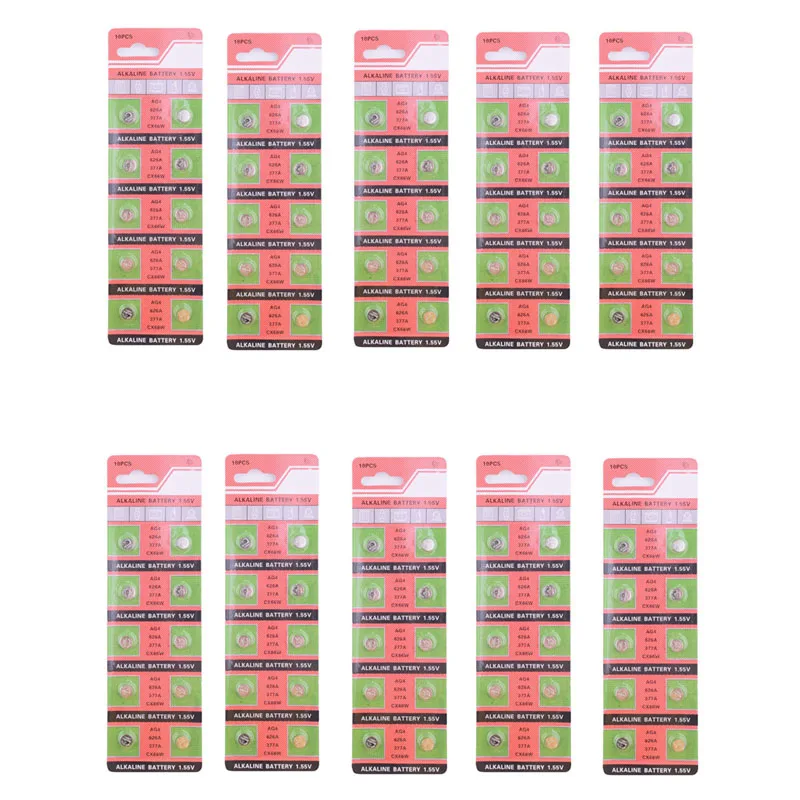 

100pcs /10 Cards 30mAh 1.55V AG4 377A 377 LR66 LR626 SR626SW SR66 AG4 AG 4 Button Cell Coin Battery For Watch Toys Remote