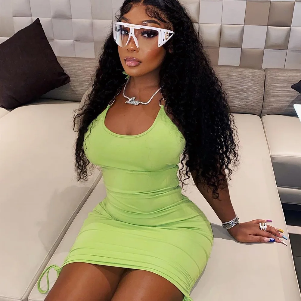 SKMY 2021 Woman Clothes Green Dress Halter Neck Drawstring Sexy Bodycon Mini Dress Solid Color Party Club Wear Outfits 
SKMY 2021 Woman Clothes Green Dress Halter Neck Drawstring Sexy Bodycon Mini Dress Solid Color Party Club Wear Outfits