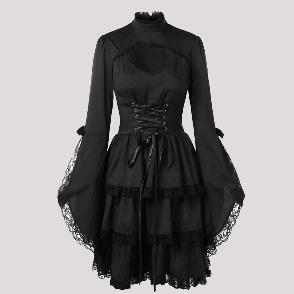 Autumn New 2021 Gothic Solid Color Bandage Hollow Out Lace Splicing Fashion High Waist Flared Sleeves Dress Half High Collar
Autumn New 2021 Gothic Solid Color Bandage Hollow Out Lace Splicing Fashion High Waist Flared Sleeves Dress Half High Collar