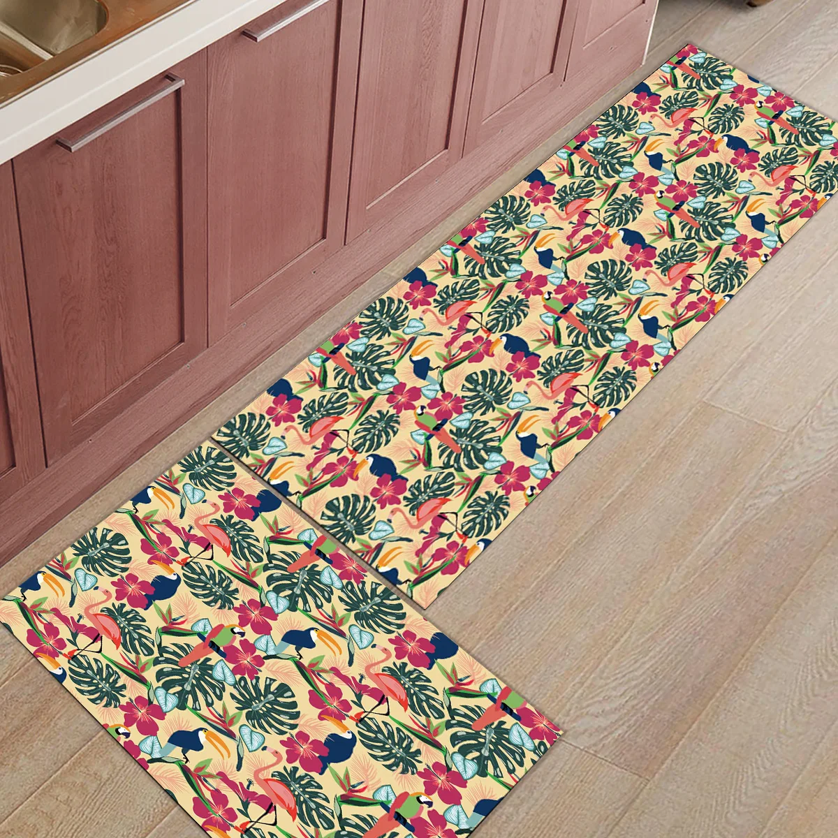 Фото Летний нескользящий кухонный коврик с изображением цветов фламинго напольный