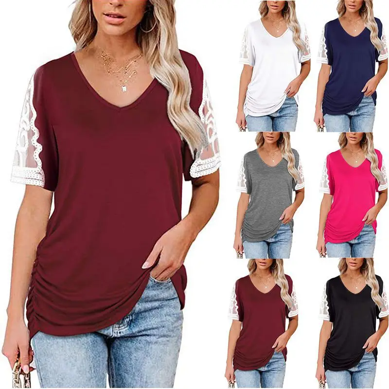 Cotton Ladies Tops Women Plus Size Lace Patchwork Slim T Shirt Loose V-Neck Short Sleeve Casual Solid Top Summer New Streetwear
Cotton Ladies Tops Women Plus Size Lace Patchwork Slim T Shirt Loose V-Neck Short Sleeve Casual Solid Top Summer New Streetwear