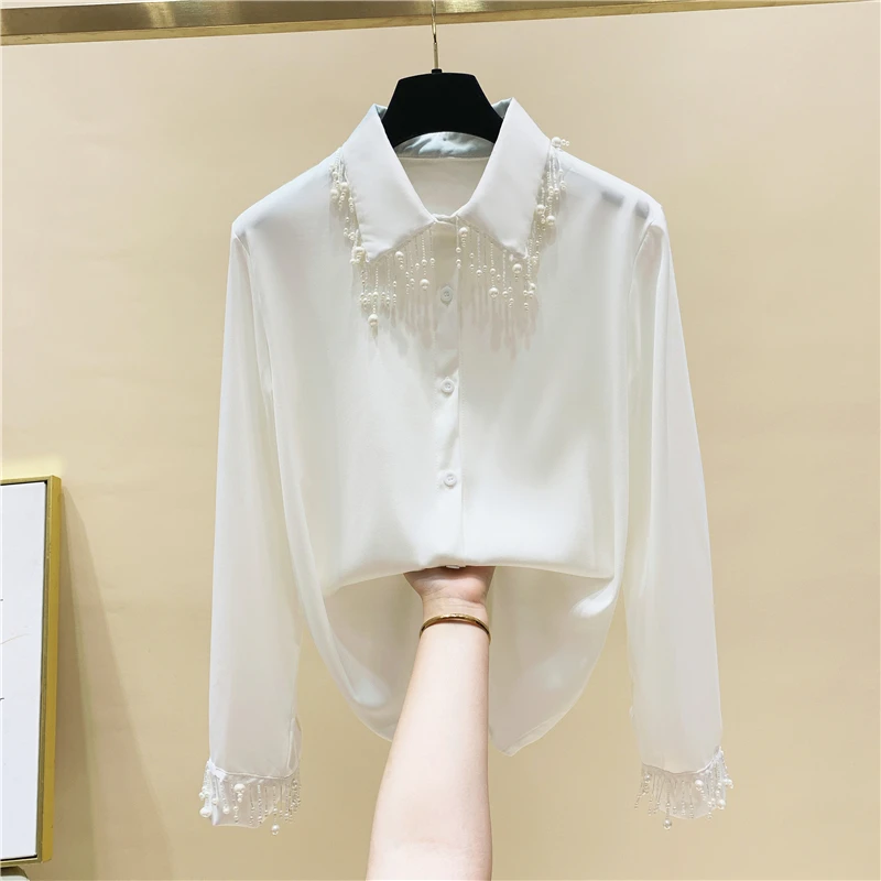 Pearl Tassel Long Sleeve White Shirt Female Top Clothes 2021 Spring Autumn New Loose Chiffon Design Shirts Women Blouse
Pearl Tassel Long Sleeve White Shirt Female Top Clothes 2021 Spring Autumn New Loose Chiffon Design Shirts Women Blouse