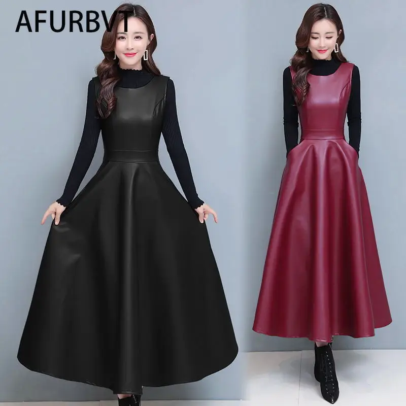 Autumn New Wild Two-piece Set Base Slim PU Leather Strap Dress Faux Leather O-Neck Midi A Line Dress Women Pullover Burgundy
Autumn New Wild Two-piece Set Base Slim PU Leather Strap Dress Faux Leather O-Neck Midi A Line Dress Women Pullover Burgundy
