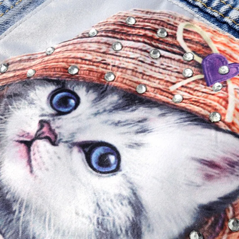 Women Summer Sleeveless Denim Jacket Kawaii Cat Printed Vest Top Hole Ripped Rivets Waistcoat Ladies Casual Jean Vests Coat | Женская