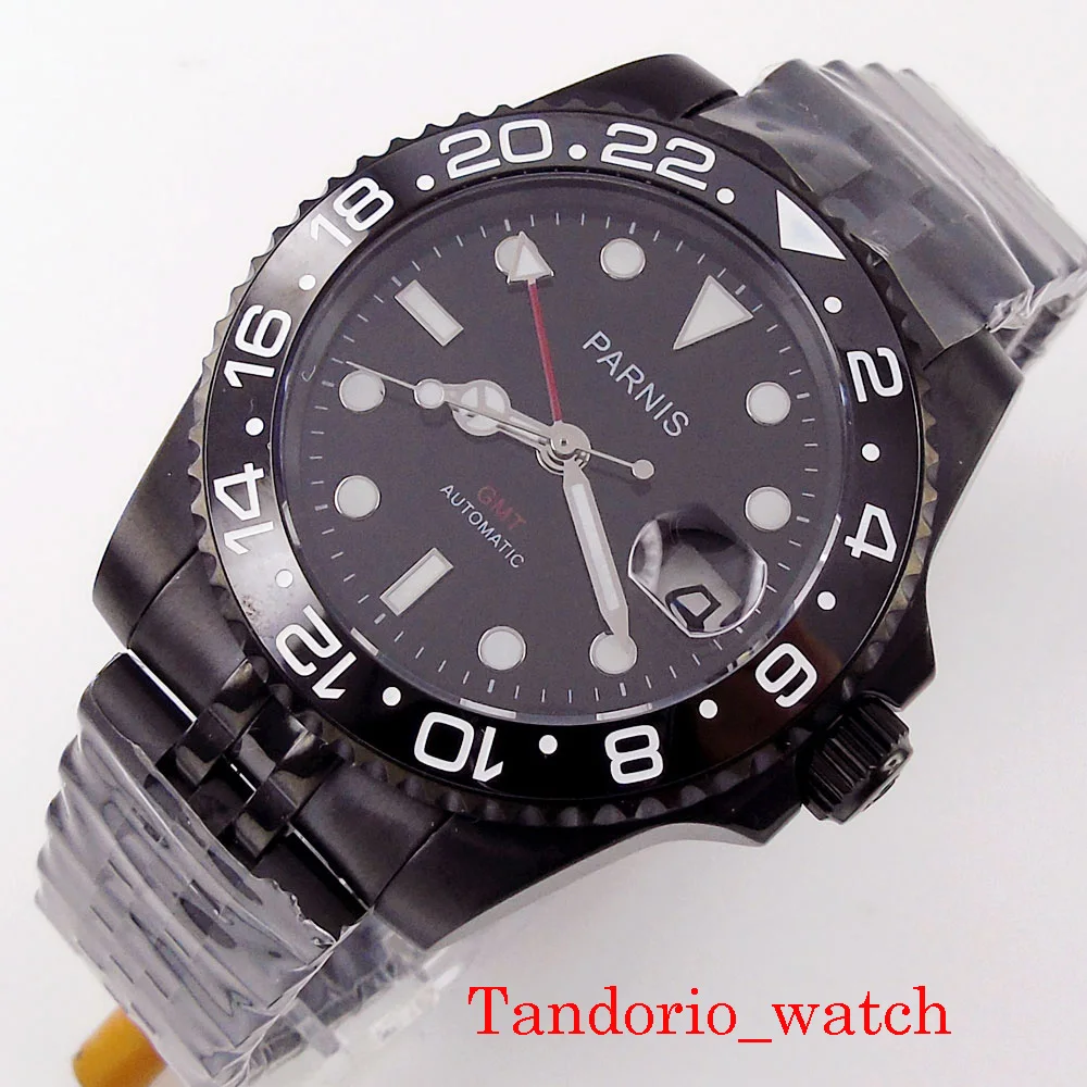 

40mm Parnis Black PVD Plated GMT Automatic Men Watch Sapphire Glass Date Luminous Marks Unidirectional Bezel Jubilee Strap