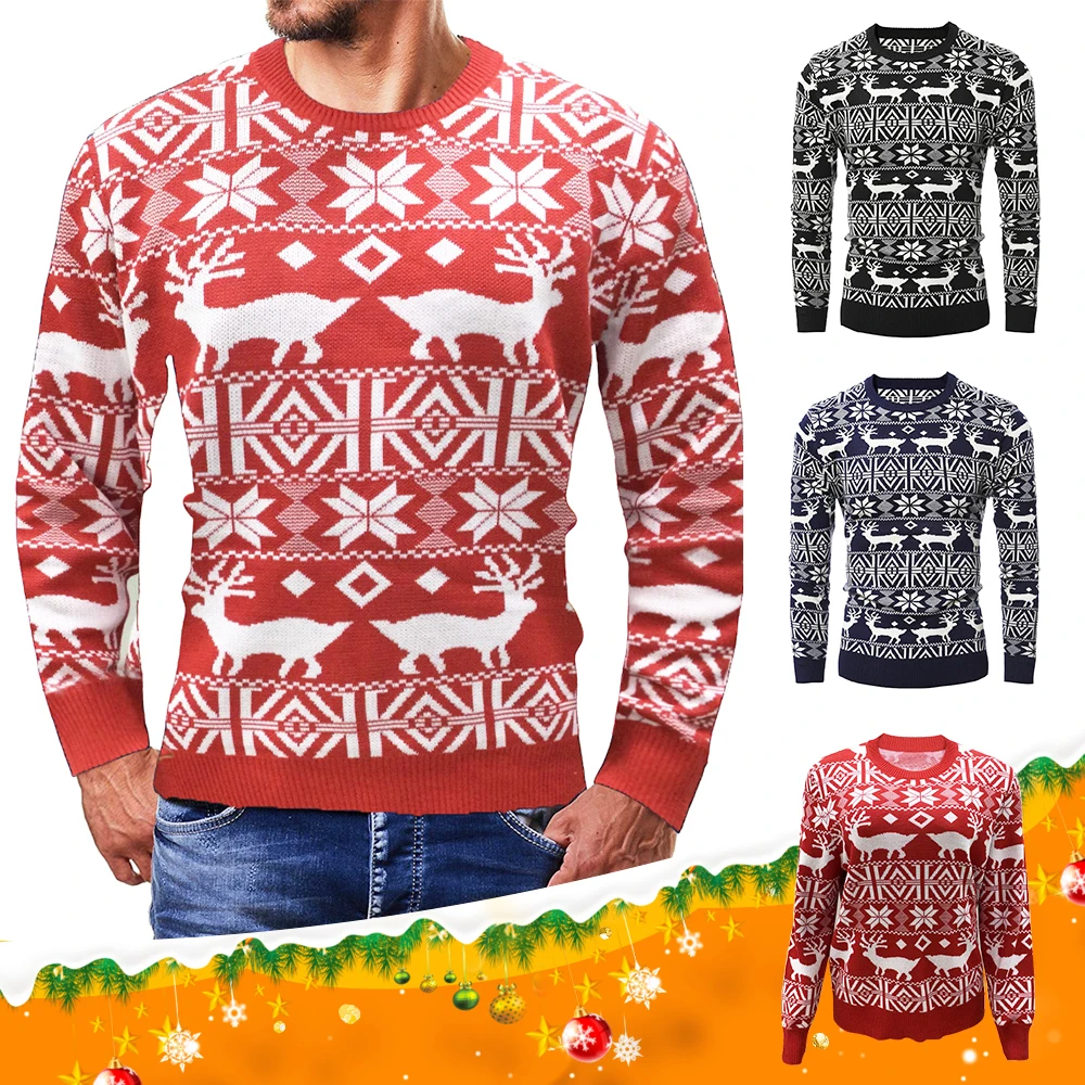 

New Autumn Winter Men's Casual Sweater European Code Thickening Christmas Deer Round Neck Sweater Jacquard Base Sweater Men