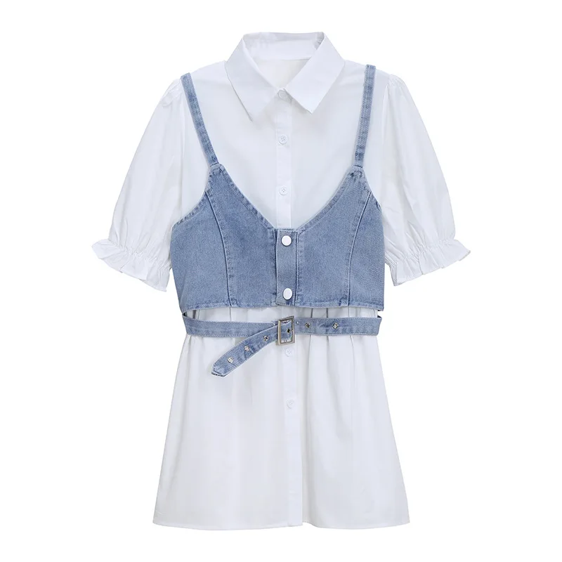 Casual Office Lady 2 Pcs Women Set Sweet Elegant Blouses Dresses for Women + V-neck Patchwork Denim Vests Female 2021 Summer
Casual Office Lady 2 Pcs Women Set Sweet Elegant Blouses Dresses for Women + V-neck Patchwork Denim Vests Female 2021 Summer