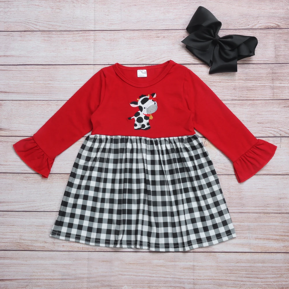 Autumn Girls Clothes Red Long Sleeve Black Plaid Red Bow Yellow Bell Cow Embroidery Pattern Girl Dresses
Autumn Girls Clothes Red Long Sleeve Black Plaid Red Bow Yellow Bell Cow Embroidery Pattern Girl Dresses