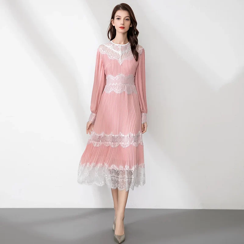 MIUXIMAO 2022 New Spring Women's Clothing O-Neck Long Sleeve Slim Waist Lace Fold Dress Fashion Elegant Casual Style
MIUXIMAO 2022 New Spring Women's Clothing O-Neck Long Sleeve Slim Waist Lace Fold Dress Fashion Elegant Casual Style