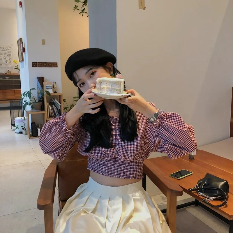 Милый Красный клетчатый рукав-фонарик в Корейском стиле 
Милый Красный клетчатый рукав-фонарик в Корейском стиле