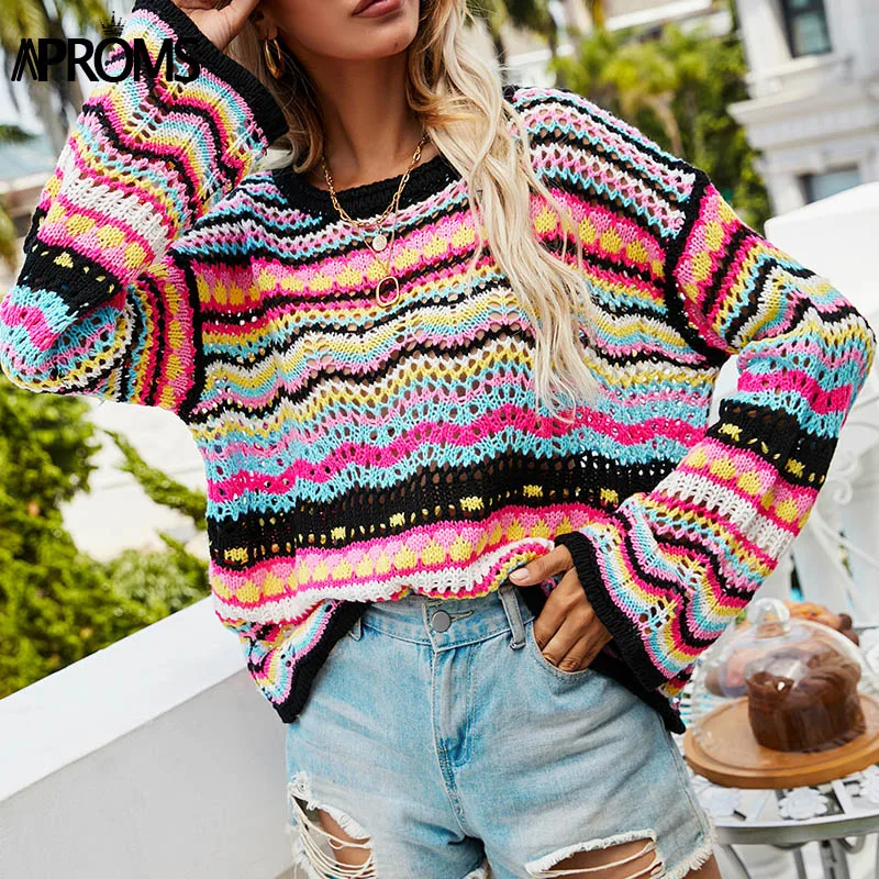 Aproms Multi Color Blocked Knitted Pullover Women Summer Casual Flare Sleeve Hollow Out Sweater Cool Girls Fashion Jumper 2021
Aproms Multi Color Blocked Knitted Pullover Women Summer Casual Flare Sleeve Hollow Out Sweater Cool Girls Fashion Jumper 2021
