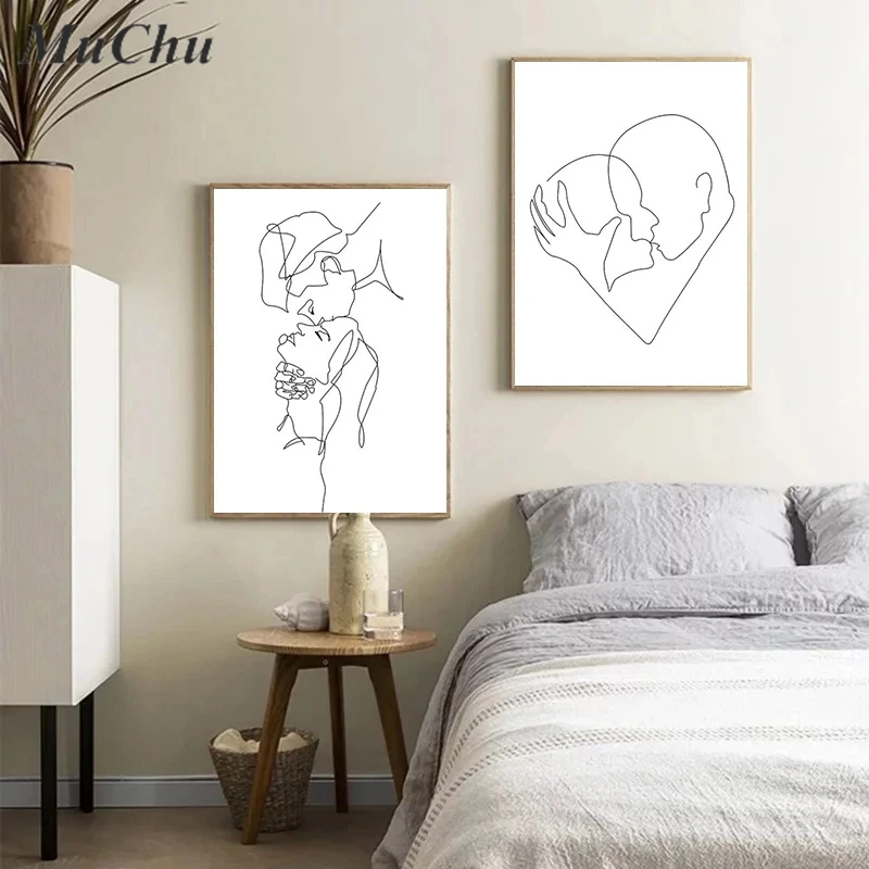 Черно-белая простая Картина на холсте рисование линий поцелуй для пар