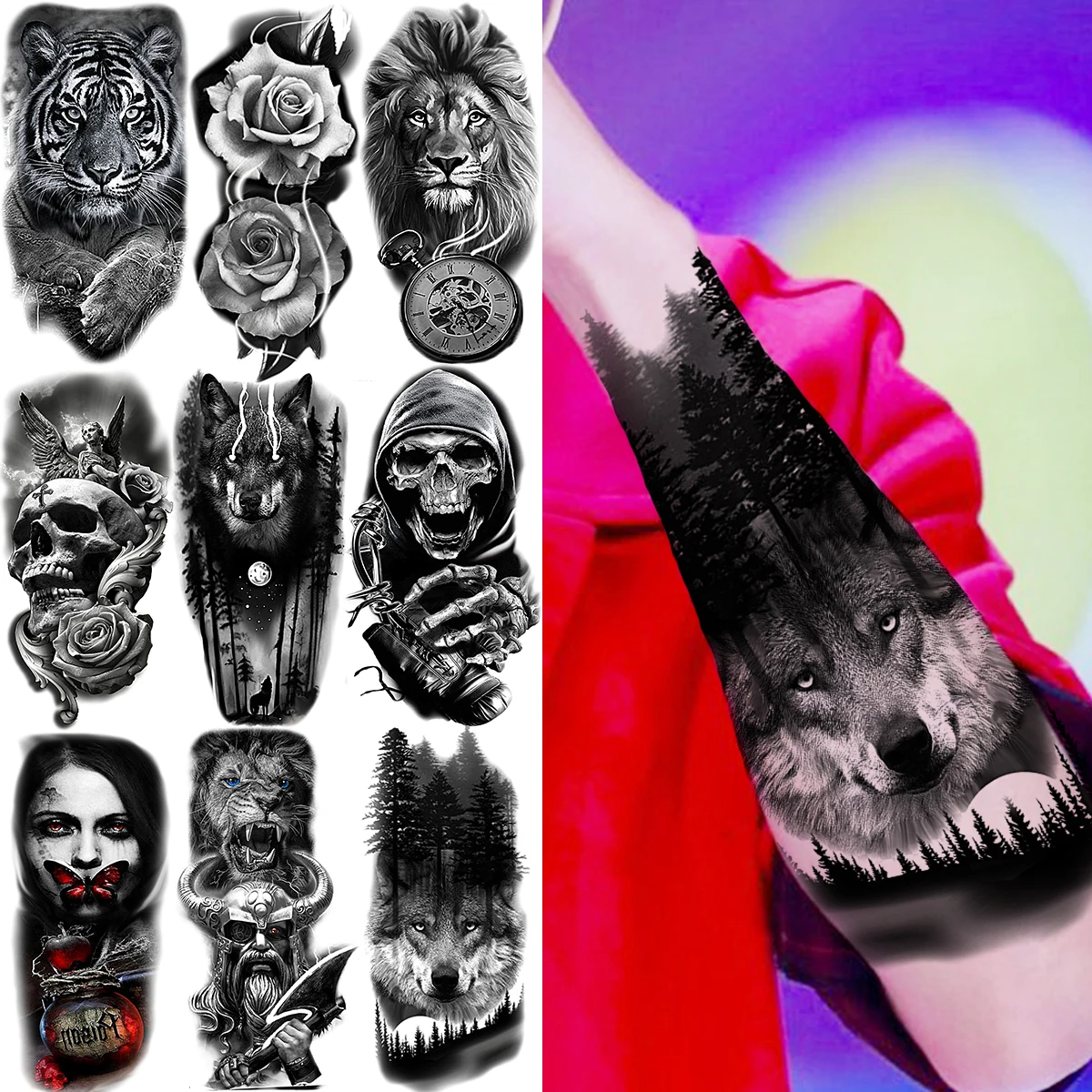 Wolf Forest Temporary Tattoos For Men Women Realistic Tiger Flower Skeleton Samurai Lion Fake Tattoo Sticker Arm Creative Tatoos
Wolf Forest Temporary Tattoos For Men Women Realistic Tiger Flower Skeleton Samurai Lion Fake Tattoo Sticker Arm Creative Tatoos