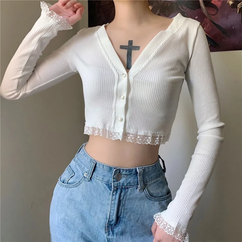 Fashion new autumn ladies lace sleeve short t shirt long-sleeved single-breasted crop top sexy v-neck ribbed t-shirts streetwear
Fashion new autumn ladies lace sleeve short t shirt long-sleeved single-breasted crop top sexy v-neck ribbed t-shirts streetwear