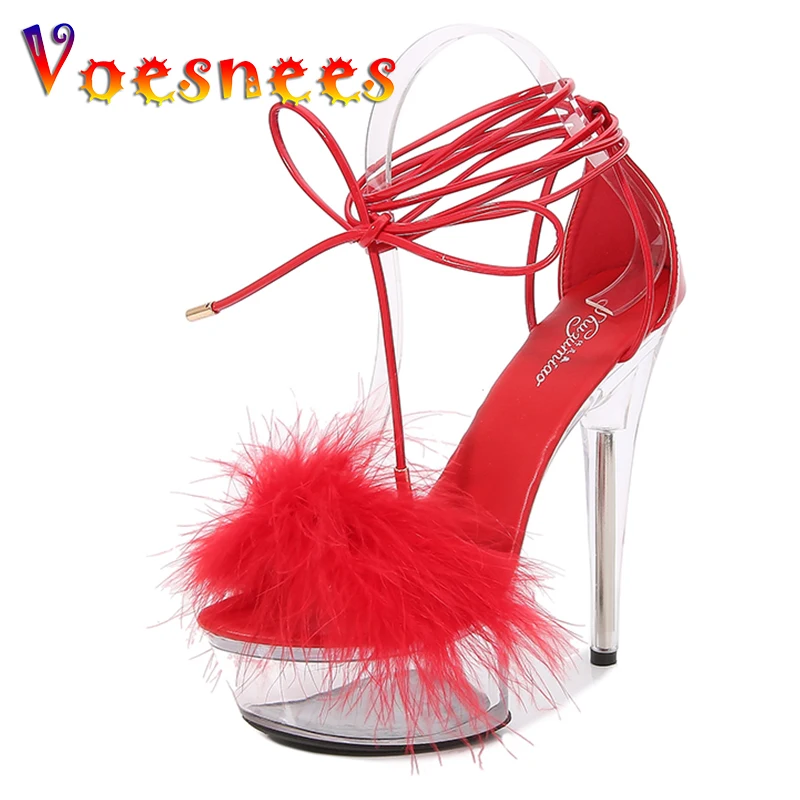 

Женские туфли с открытым носком Voesnees, пикантные туфли на очень высоком каблуке, меховые босоножки для ночного клуба, обувь для подиума, танц...