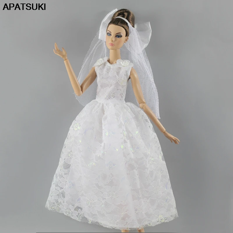 

White Fashion Sleeveless Wedding Dress For Barbie Doll Outfits Party Dress For Barbie Doll Clothes & Veil 1/6 Doll Accessories