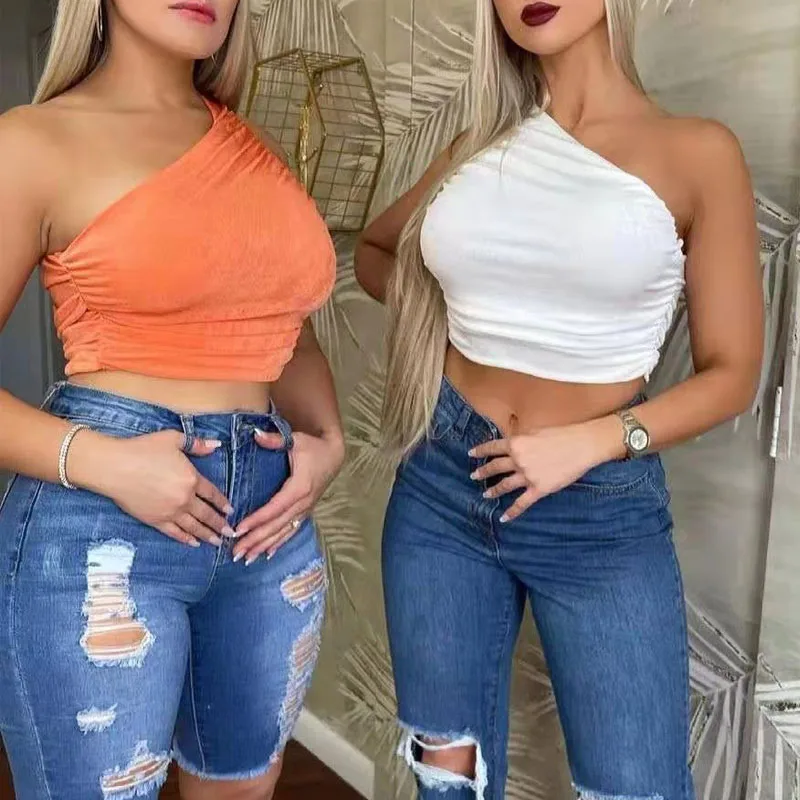 One Shoulder Crop Top Women Sexy Sleeveless Ruched Tank Top Summer White Black Blue Orange Plain Short Tanks Camis
One Shoulder Crop Top Women Sexy Sleeveless Ruched Tank Top Summer White Black Blue Orange Plain Short Tanks Camis