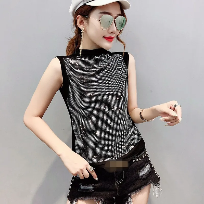 New European Summer Womens Sleeveless Shiny Diamonds Tees Half Turtleneck Slim Fit Night Club Wear Female T-Shirts Plus Size 3XL
New European Summer Womens Sleeveless Shiny Diamonds Tees Half Turtleneck Slim Fit Night Club Wear Female T-Shirts Plus Size 3XL