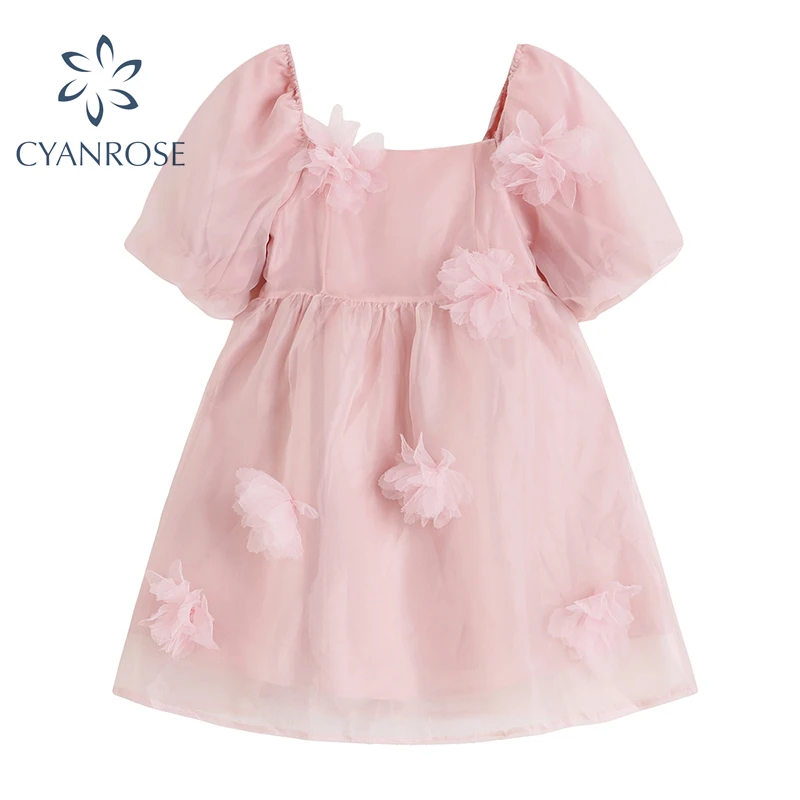 French Sweet Romantic Dress For Women Square Collar High Waist Puff Sleeve Three Dimensional Flower Design Dress 2021 Summer New 
French Sweet Romantic Dress For Women Square Collar High Waist Puff Sleeve Three Dimensional Flower Design Dress 2021 Summer New