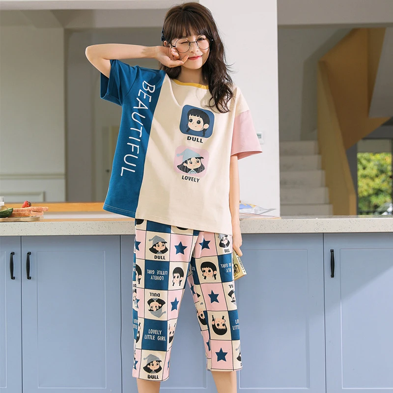 Pajama Sets Women Short Sleeves Cartoon Print Calf-Length Pants Kawaii Korean Style Harajuku Soft Sleepwear Loose Lovely Girls
Pajama Sets Women Short Sleeves Cartoon Print Calf-Length Pants Kawaii Korean Style Harajuku Soft Sleepwear Loose Lovely Girls
