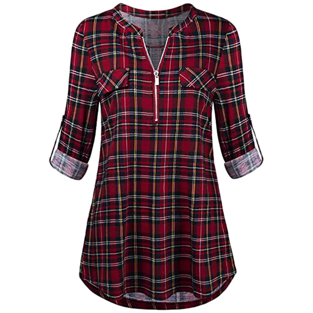 Womens Tunic Shirts Plaid Printed Blouses Casual Rolled Sleeve Zipped V-Neck Tunic Tops Blouse Ladies Spring Summer Tops blusas
Womens Tunic Shirts Plaid Printed Blouses Casual Rolled Sleeve Zipped V-Neck Tunic Tops Blouse Ladies Spring Summer Tops blusas