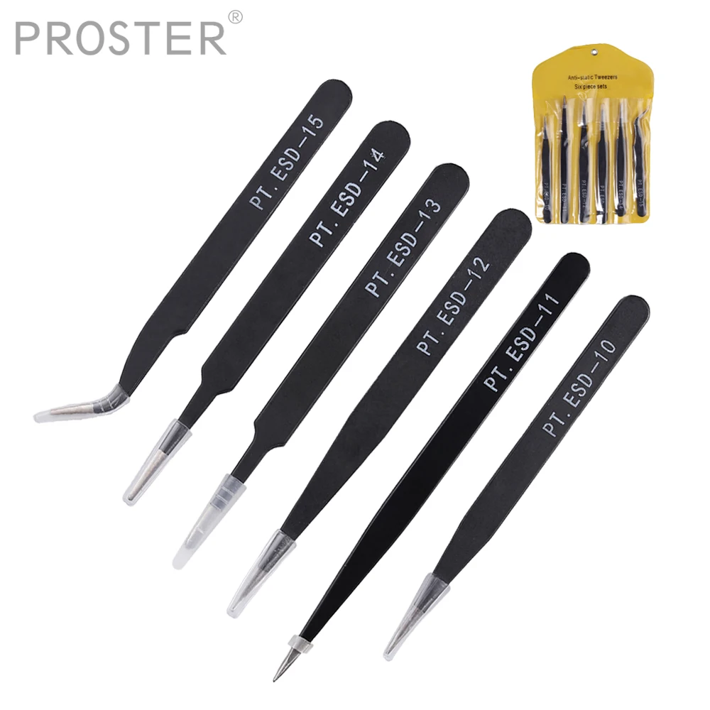 Proster 6pcs Anti-static ESD Stainless Steel Tweezers Maintenance Tools Pointed Forceps Straight Curved Nail Art Tweezers Set
Proster 6pcs Anti-static ESD Stainless Steel Tweezers Maintenance Tools Pointed Forceps Straight Curved Nail Art Tweezers Set