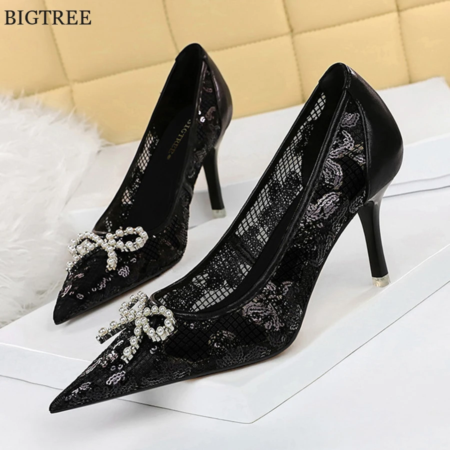 BIGTREE Shoes High Heels Women Pointed Sexy Crystal Pearl Bowknot Pumps Black Pink Mesh Leather Patchwork Lady Bride Dress Shoes
BIGTREE Shoes High Heels Women Pointed Sexy Crystal Pearl Bowknot Pumps Black Pink Mesh Leather Patchwork Lady Bride Dress Shoes
