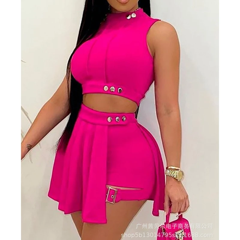 WEPBEL Women's Casual Solid Color Buttons Slim Suit Summer Sexy Sleeveless O-Neck Top + High Waist Slit Shorts Skirt Suit
WEPBEL Women's Casual Solid Color Buttons Slim Suit Summer Sexy Sleeveless O-Neck Top + High Waist Slit Shorts Skirt Suit