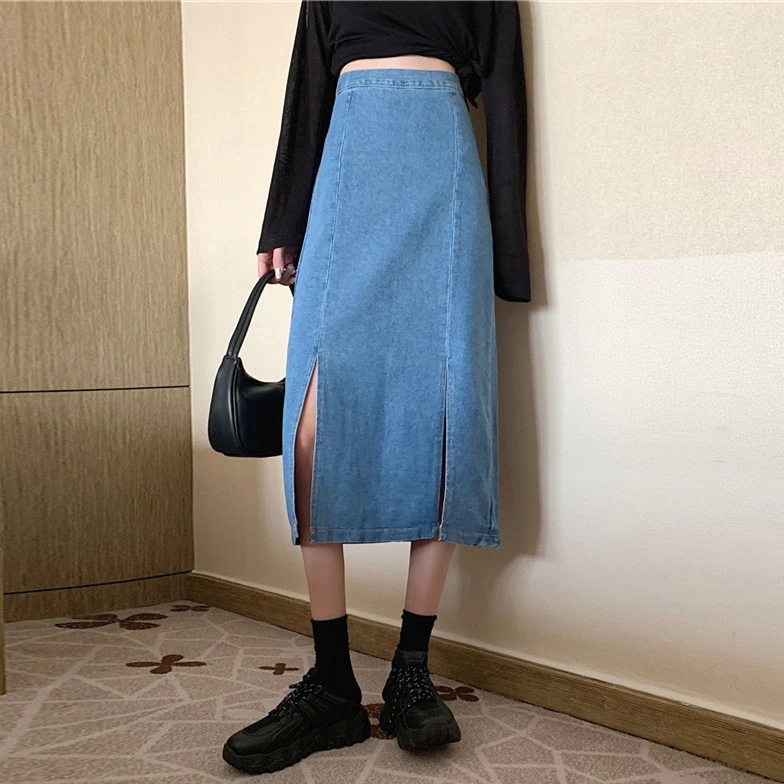 2021 spring and summer new temperament denim split skirt female mid-length high waist a-line thin hip skirt 
2021 spring and summer new temperament denim split skirt female mid-length high waist a-line thin hip skirt