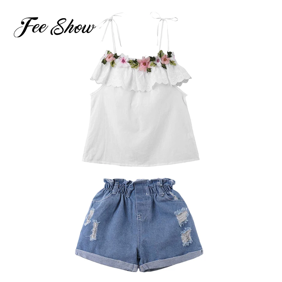 Summer Toddler Kids Denim Outfits Baby Girls Clothes Set Sleeveless Lace Flower Vest Tops Ripped Jeans Short Pants 1-6Y
Summer Toddler Kids Denim Outfits Baby Girls Clothes Set Sleeveless Lace Flower Vest Tops Ripped Jeans Short Pants 1-6Y