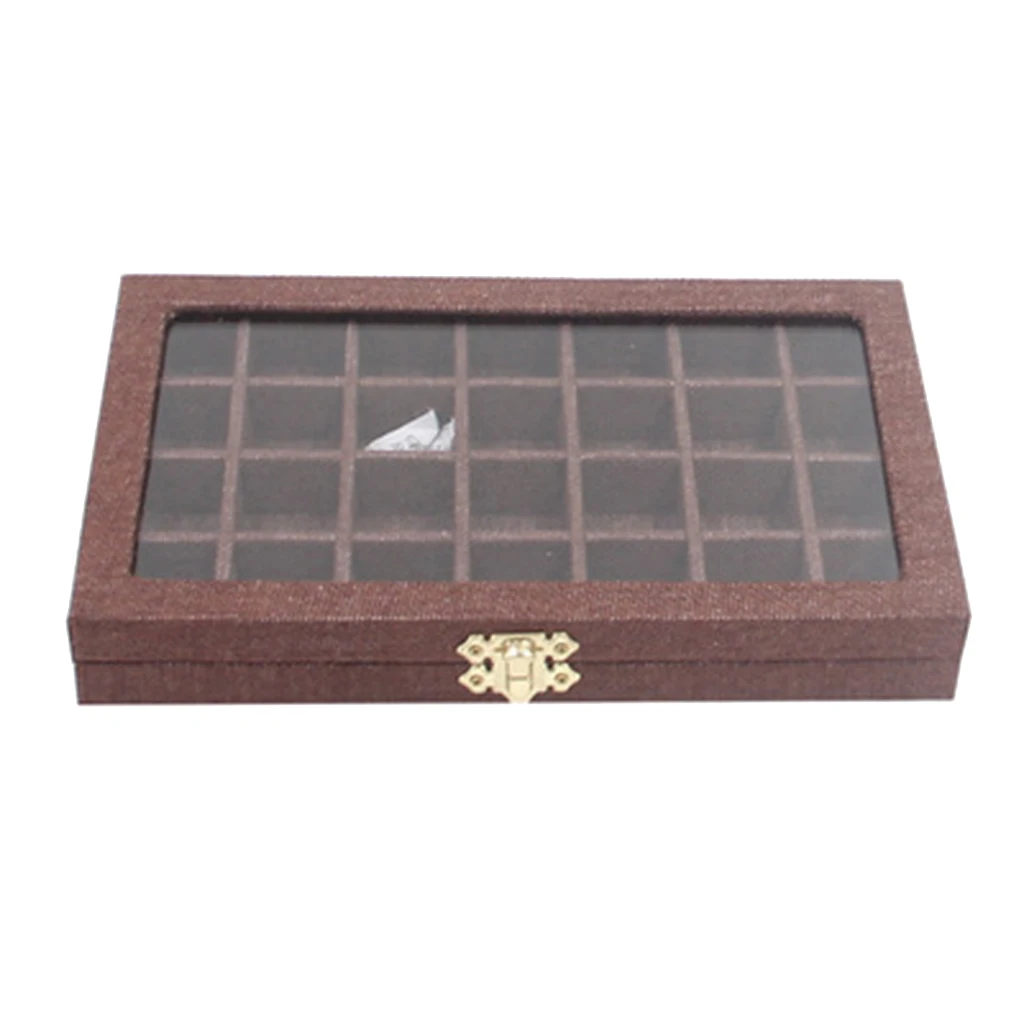 Коробка для хранения ювелирных изделий с прозрачной крышкой и тканью (28 сеток
